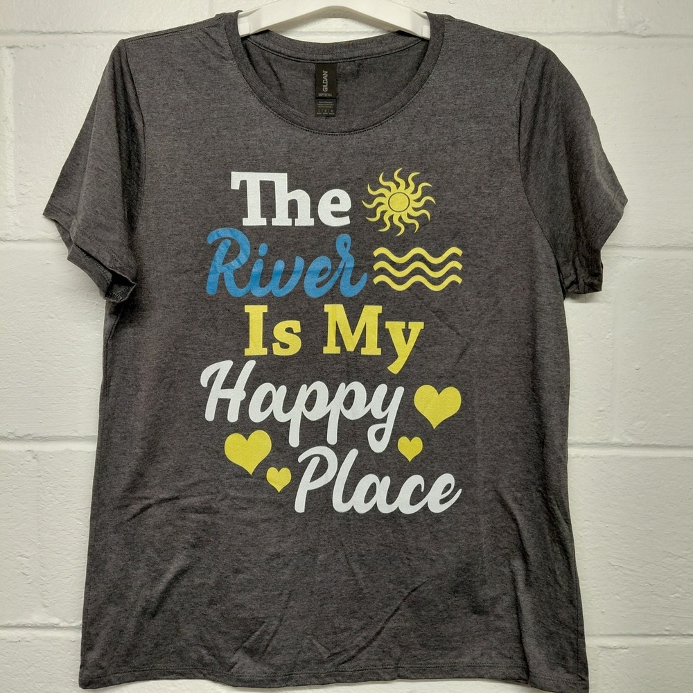 River Is My Happy Place Womens LARGE T-Shirt Outdoor Camping Hiking Tubing Tee